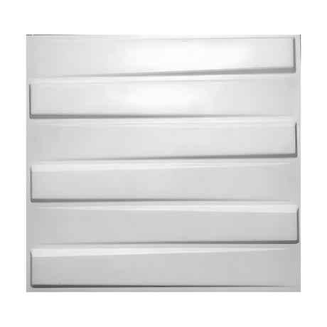 White PVC 3D wall panel, 50 x 50cm, featuring six stacked horizontal planks with tilted, alternating raised ends and recessed gaps, shown on a plain background.