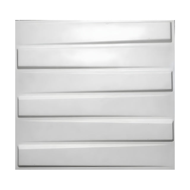 White PVC 3D wall panel, 50 x 50cm, featuring six stacked horizontal planks with tilted, alternating raised ends and recessed gaps, shown on a plain background.