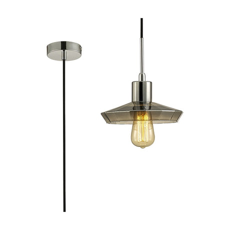 Markus E27 pendant light with 22.5cm smoked mirror glass shade and polished chrome fitting, shown with ceiling rose and cable on a white background.
