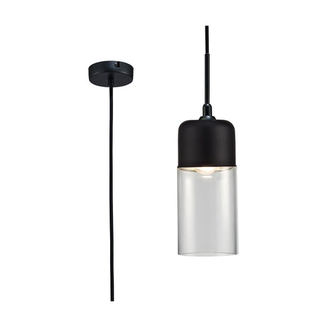 Mia E27 Pendant Light 13cm in black, shown with a matte black ceiling rose and cable alongside the fitting with black metal top and clear glass shade revealing the bulb, on a white background.