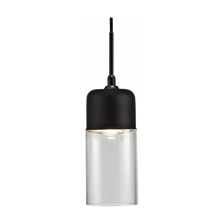 Mia E27 Pendant Light in black, featuring a slim black suspension and cap with a clear glass cylindrical shade, 13cm wide, shown on a plain white background.