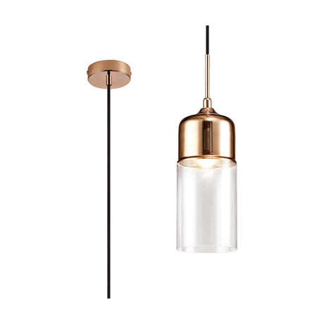 Mia E27 Pendant Light 13cm in copper, showing the round ceiling rose and drop cable beside the fitting with clear glass tube and copper cap, on a white background.