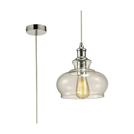 Carla E27 pendant light, 24.5cm clear glass shade with polished chrome fitting and visible filament bulb, shown with ceiling rose and cable on a white background.