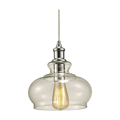 Carla E27 pendant light, 24.5cm clear glass dome shade with polished chrome fitting and visible Edison-style bulb, on a plain white background.