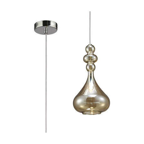 Reese G9 Pendant Light 15cm in Polished Chrome, featuring a teardrop cognac-tinted glass shade with bulbous detailing, shown beside a matching round ceiling canopy on a white background.