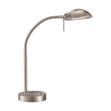G9 Table Lamp with adjustable gooseneck arm and curved shade in satin nickel finish, round base with toggle switch, shown on a plain white background.