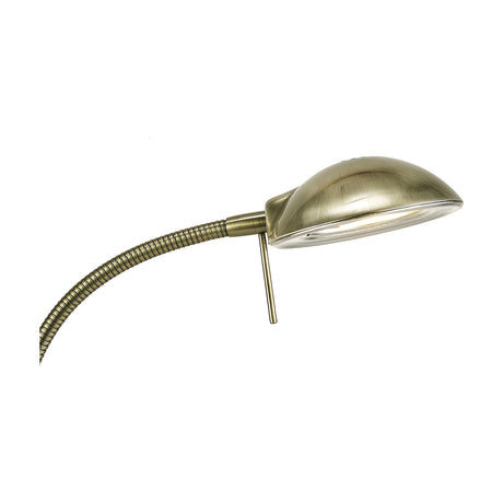 G9 table lamp with antique brass finish, flexible gooseneck stem, oval domed shade and toggle switch on the fitting, shown on a plain white background.