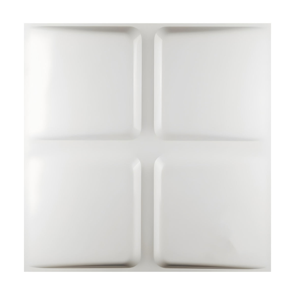 White PVC 3D wall panel, 50 x 50cm, with four raised rounded squares in a two-by-two grid divided by a recessed cross, shown on a plain white background.