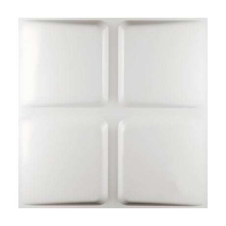 White PVC 3D wall panel, 50 x 50cm, with four raised rounded squares in a two-by-two grid divided by a recessed cross, shown on a plain white background.