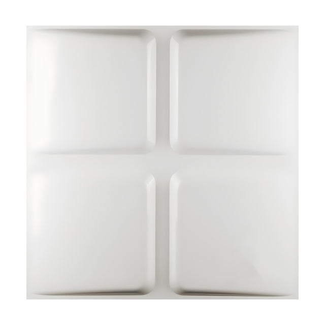 White PVC 3D wall panel, 50 x 50cm, with four raised rounded squares in a two-by-two grid divided by a recessed cross, shown on a plain white background.
