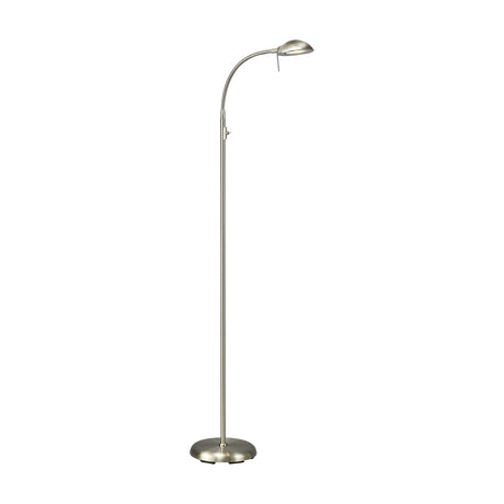 G9 floor lamp in satin nickel with a slim upright stem, adjustable gooseneck head, toggle switch, and round weighted base, shown on a plain white background.