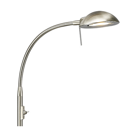 G9 floor lamp in satin nickel with a curved flexible gooseneck stem, oval dome shade, and toggle switch on a plain white background.