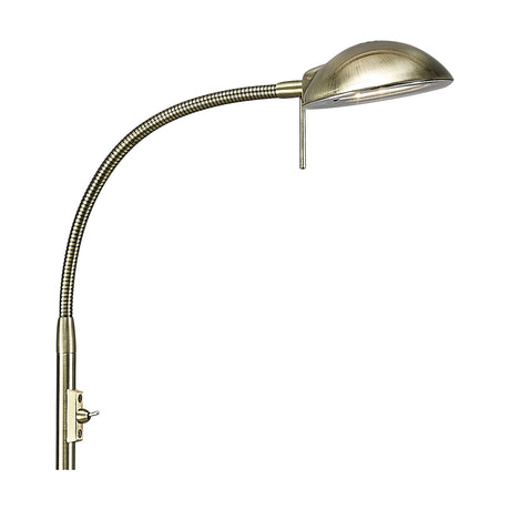 G9 floor lamp in antique brass with a flexible gooseneck stem, curved dome shade, toggle switch, and mounting bracket, shown on a plain white background.