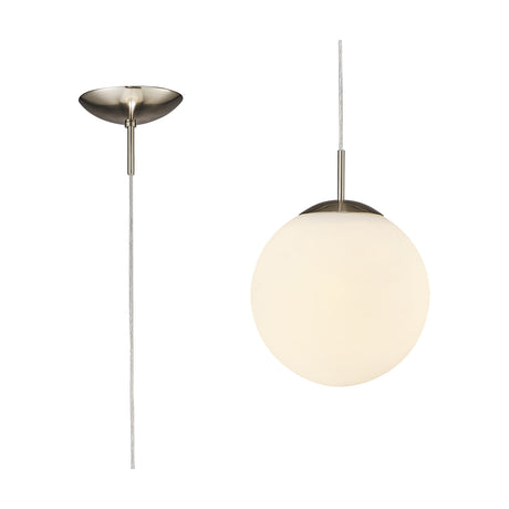 Miranda E27 pendant light with a 25cm frosted white glass globe on a satin nickel suspension and ceiling rose, shown against a plain white background.