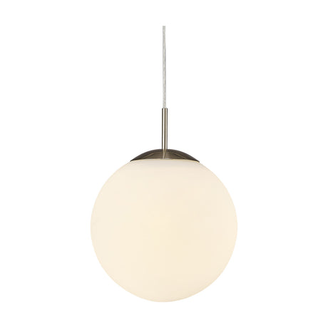 Miranda E27 pendant light with a 25cm frosted white glass globe on a satin nickel suspension and ceiling rose, shown against a plain white background.