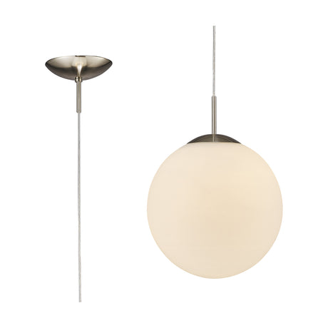Miranda E27 Pendant Light 30cm Frosted in Satin Nickel, showing the round frosted glass globe on a slim nickel stem with ceiling rose, alongside the fitting on white background.