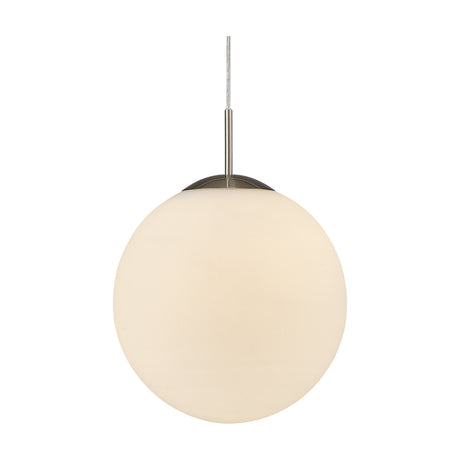 Miranda E27 pendant light with a 30cm frosted white glass sphere on a slim satin nickel suspension, shown against a plain white background.