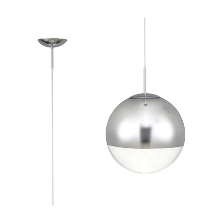 Miranda E27 pendant light, 25cm glass globe in polished chrome, mirrored upper half with clear lower section, shown with ceiling cap and flex on a plain white background.