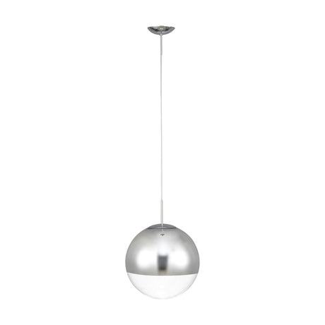 Miranda E27 pendant light with a 25cm globe, mirrored chrome upper half and clear lower glass, on a slim chrome flex and ceiling cap, shown against a plain white background.