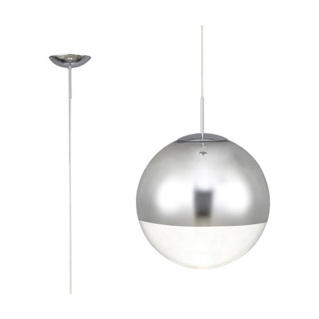 Miranda E27 pendant light, 30cm round glass globe with mirrored chrome upper half over clear glass, slim chrome suspension and ceiling rose, shown with wall mount detail on a white background.