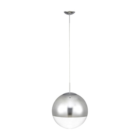 Miranda E27 pendant light, 30cm round glass globe half-mirrored in polished chrome with clear glass below, hung from a slim chrome rod on a plain white background.