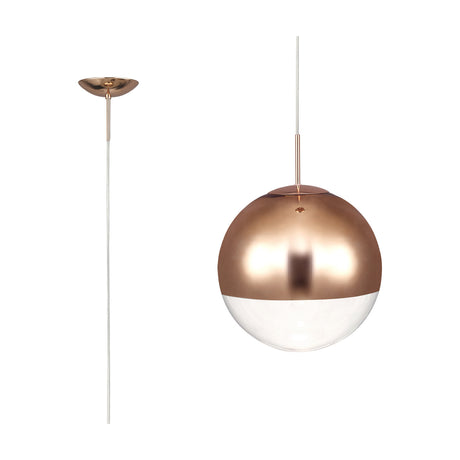 Miranda E27 Pendant Light 25cm in Copper, a spherical glass globe pendant with mirrored copper top and clear lower half, shown with ceiling mount on a plain white background.