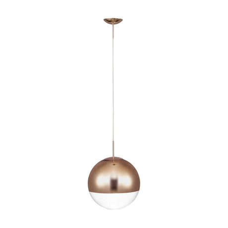 Miranda E27 Pendant Light 25cm in copper, a globe shade with mirrored copper top and clear glass base on a slim copper rod, shown on a plain white background.