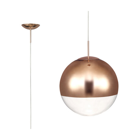 Miranda E27 Pendant Light 30cm in Copper, a round glass globe pendant with copper mirrored top fading to clear glass, hung from a slim copper rod with matching ceiling canopy on a white background.