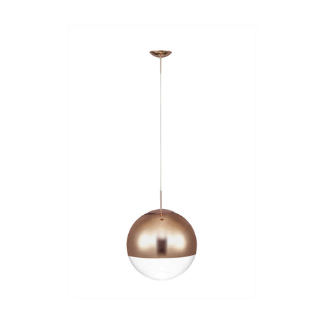 Miranda E27 Pendant Light 30cm - a round glass globe with copper mirrored top fading to clear, suspended from a slim copper cord and ceiling rose on a white background.