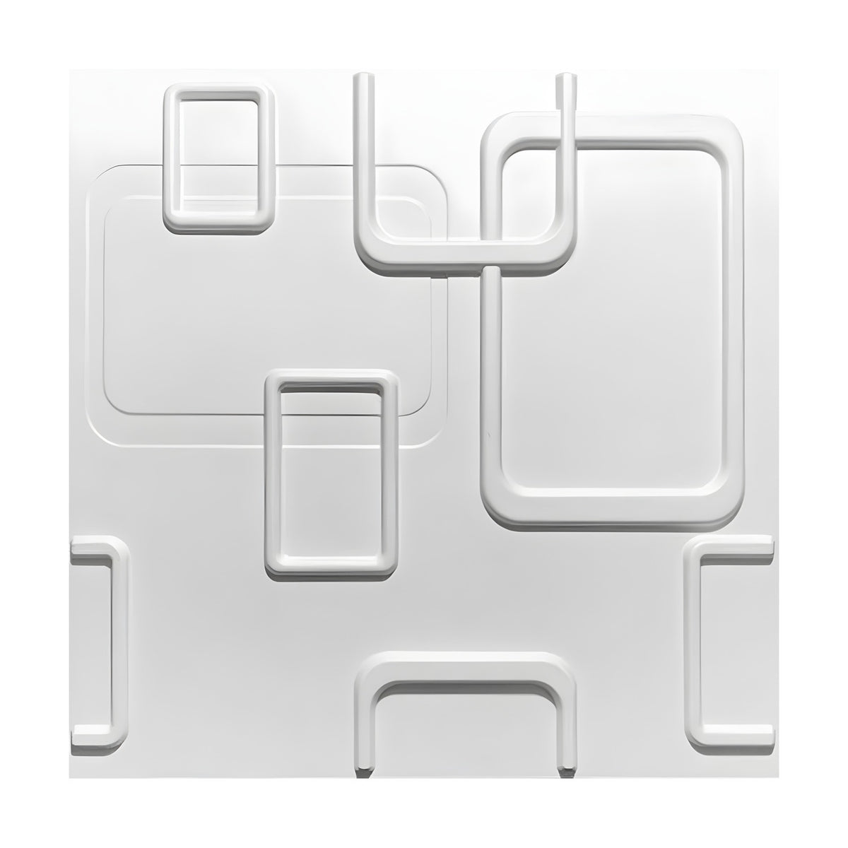 White 3D wall panel, 50 x 50cm, featuring interlocking raised rounded rectangle outlines in varied sizes on a flat white PVC surface, shown on a plain background.