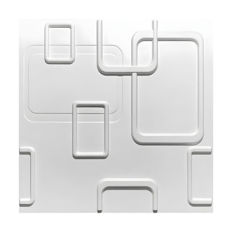 White 3D wall panel, 50 x 50cm, featuring interlocking raised rounded rectangle outlines in varied sizes on a flat white PVC surface, shown on a plain background.