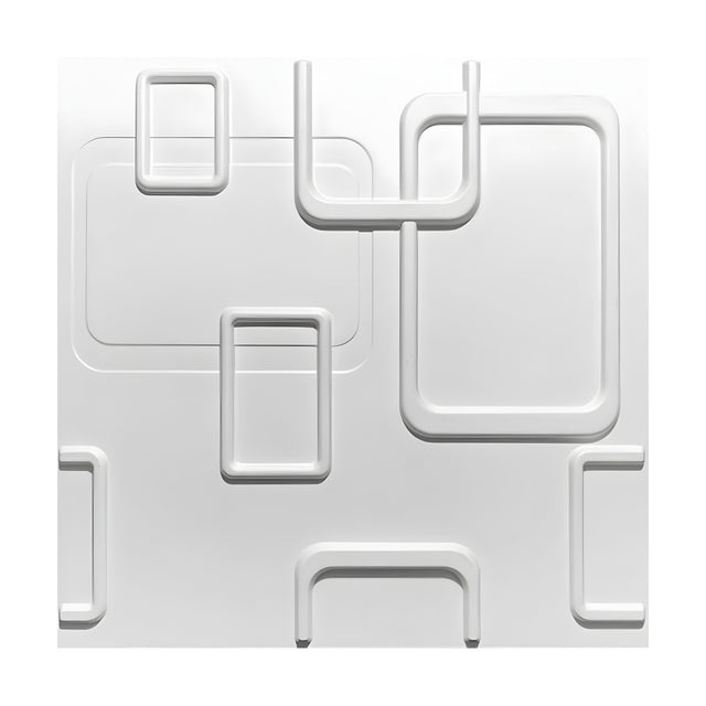 White 3D wall panel, 50 x 50cm, featuring interlocking raised rounded rectangle outlines in varied sizes on a flat white PVC surface, shown on a plain background.