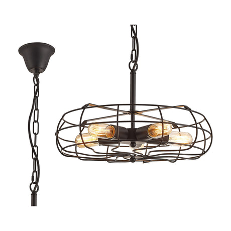 Claudia 5 Light E27 Pendant Light 47cm in black, oval wire cage frame on chain suspension with visible bulbs, shown with matching ceiling canopy on a white background.