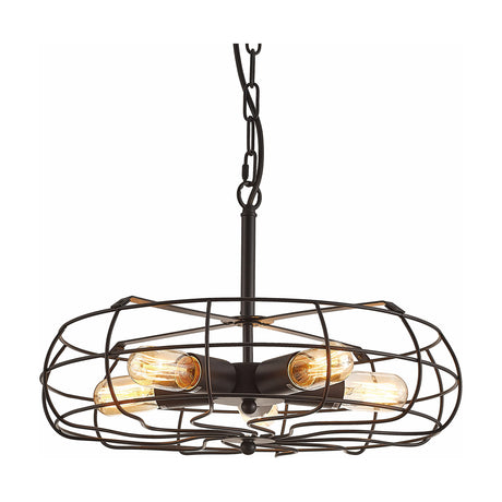 Claudia 5 Light E27 Pendant Light in black, cage-style iron frame with five exposed bulbs on a chain suspension, shown on a plain white background.