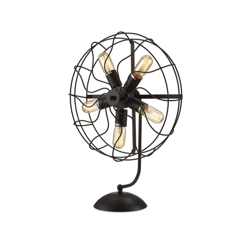 Claudia 5 Light E27 Table Lamp in black, styled as a vintage fan with a wire cage frame, five exposed bulbs, curved stem and domed round base, shown on a plain white background.