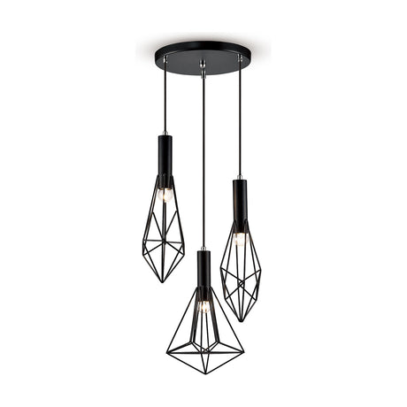 Kristoff 3 Light E27 round pendant light in black iron with a round ceiling plate, three cables suspending geometric wire cage shades with visible bulbs, shown on a plain white background.