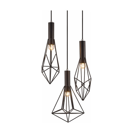 Kristoff 3 Light E27 Round Pendant Light in black iron, featuring three geometric wire cage shades with exposed bulbs on cords of varying lengths, shown on a plain white background.