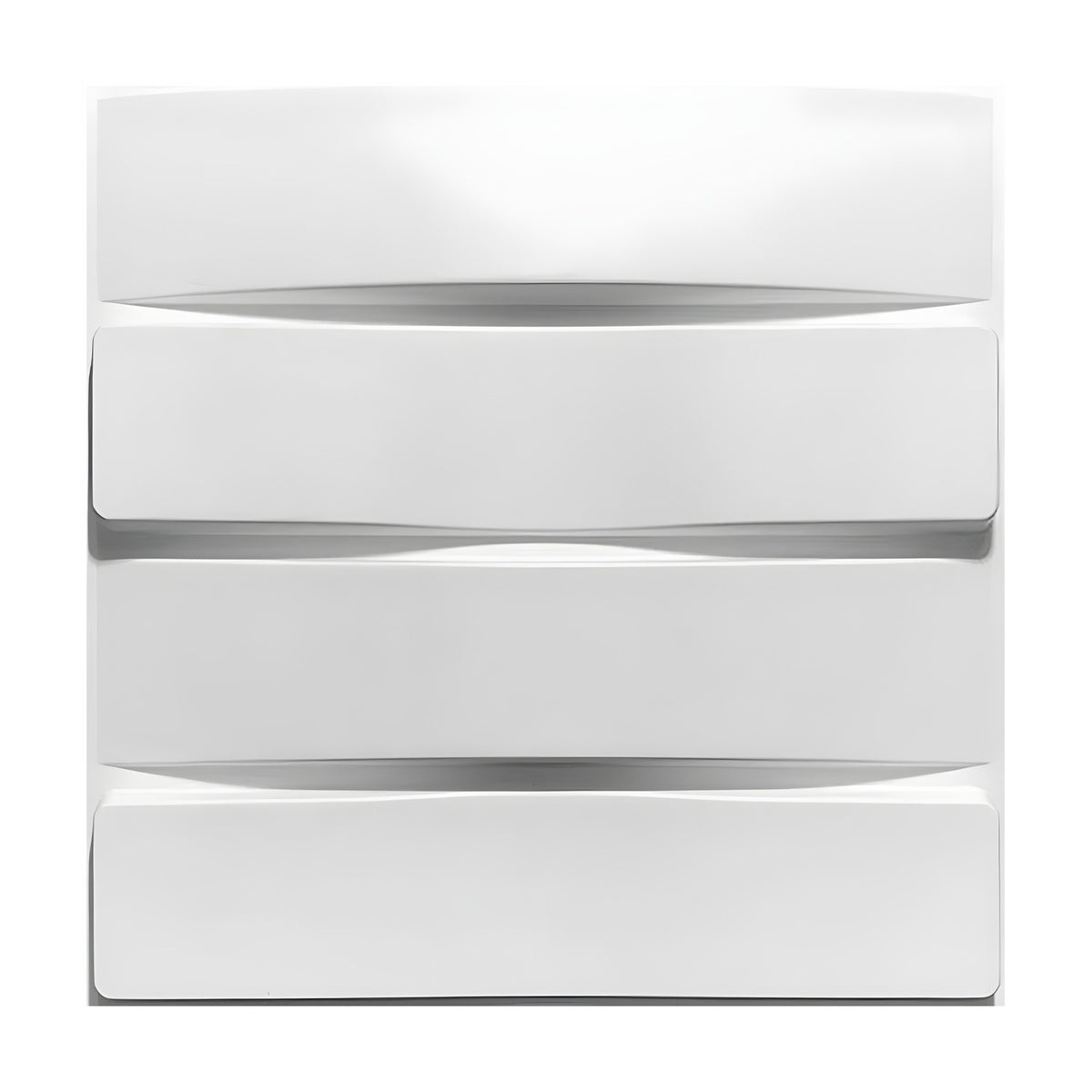 White 3D PVC wall panel, 50 x 50cm, with four wide horizontal planks in a basket weave design, alternating depth and softly curved recesses, shown on a plain background.