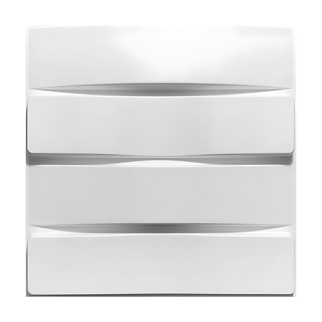 White 3D PVC wall panel, 50 x 50cm, with four wide horizontal planks in a basket weave design, alternating depth and softly curved recesses, shown on a plain background.