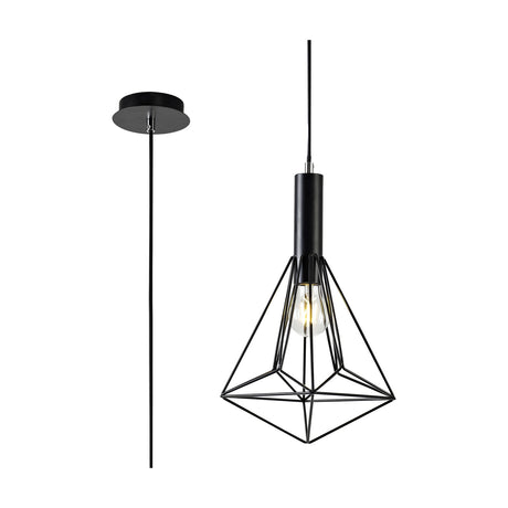 Kristoff E27 pendant light with a geometric black wire frame, 25cm drop, cylindrical black holder and E27 bulb, shown beside a ceiling rose on a plain white background.