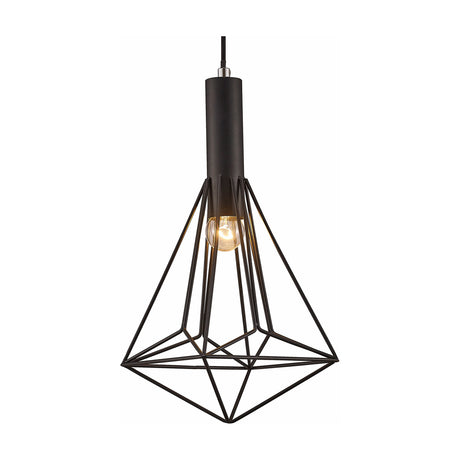 Kristoff E27 pendant light with a geometric black iron wire frame in a diamond shape, 25cm drop, exposed bulb, on a plain white background.