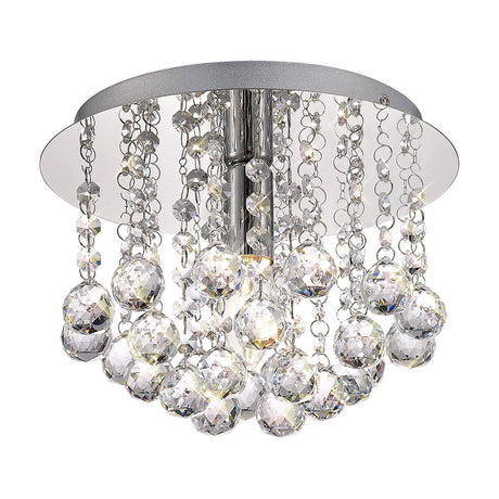 Acton Round Flush Ceiling Light 25cm in polished chrome with a circular ceiling plate and cascading crystal spheres on chain strands, shown on a plain white background.