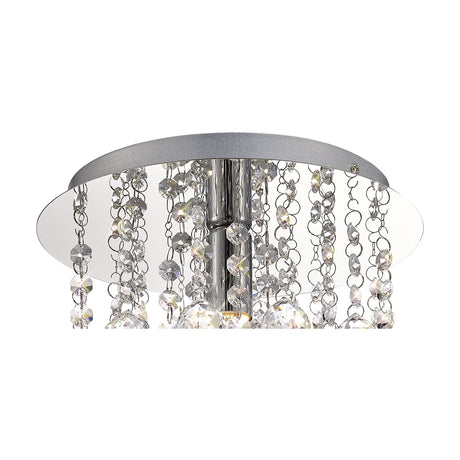 Acton Round Flush Ceiling Light 25cm in polished chrome, close-up of the round ceiling plate with cascading crystal strands and a central chrome rod, shown on a plain white background.