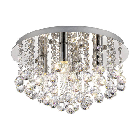 Acton 4 Light Round Flush Ceiling Light, 38cm, with a polished chrome disc frame and cascading clear crystal spheres over four candle bulbs, shown on a white background.