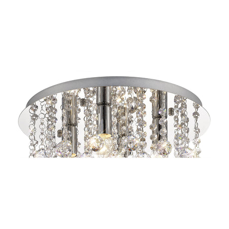 Acton 4 Light Round Flush Ceiling Light, 38cm, with clear crystal strands and spheres around a polished chrome frame, lit bulbs visible, shown on a plain white background.