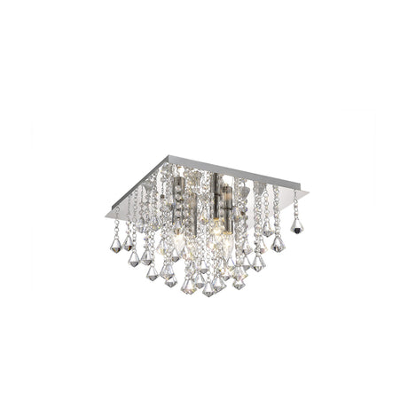 Acton 4 Light E14 flush ceiling light with a square polished chrome plate and cascading crystal drops, 38cm, shown on a plain white background.