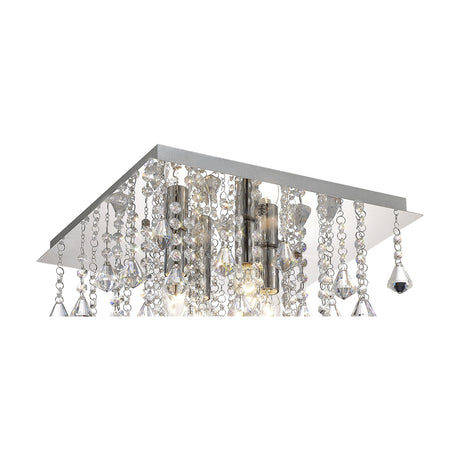 Acton 4 Light E14 flush ceiling light, 38cm square polished chrome plate with cascading crystal strands and candle bulbs, shown on a plain white background.