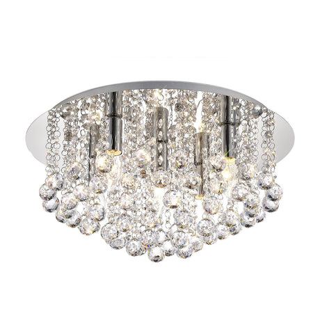 Acton 5 Light Round Flush Ceiling Light in polished chrome, 46cm disc frame with cascading clear crystal spheres and visible bulbs, shown on a plain white background.