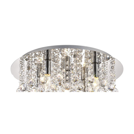 Acton 5 Light Round Flush Ceiling Light in polished chrome, close-up of the round plate with cascading clear crystal strands and glowing E14 bulbs, plain white background.