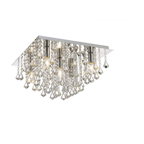 Acton 5 Light E14 flush ceiling light with a square polished chrome plate and cascading facet-cut crystal strands, shown on a plain white background.